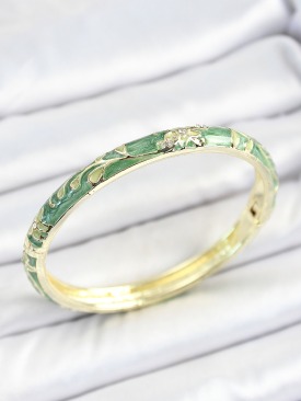 Erb Mineli Pirinç Zirkon Taşlı Yeşil Çiçek Desenli Gold Renk Kadın Kelepçe