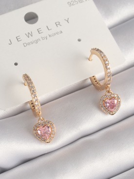 Erb Pirinç Gold Renk Zirkon Taşlı Pembe Zirkon Sallantı Kalp Model Kadın Küpe