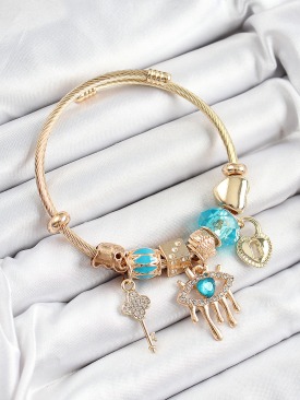 Erb 316L Çelik Mavi Zirkon Taşlı Kilit Göz Ve Anahtar Model Gold Renk Charm Bileklik