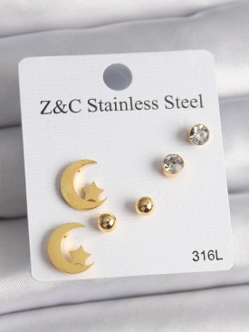Erb 316L Çelik Gold Renk Zirkon Taşlı Ay Yıldız Model Kadın Küpe Seti