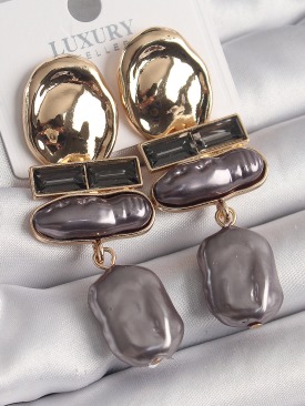 Erb Pirinç Gold Renk Zirkon Taşlı Füme İnci Ezme Model Vintage Kadın Küpe
