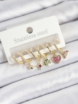 Erb Pirinç Zirkon Taşlı Karpuz Yonca Kalp Pusula Karışık Model Gold Renk 6\'lı Set Kadın Küpe