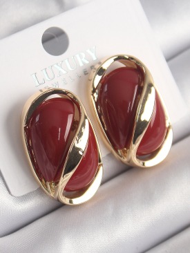 Erb Pirinç Gold Renk Kırmızı Oval Vintage Kadın Küpe