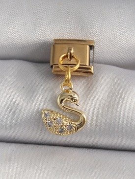 Erb 316L Çelik Gold Renk Sallantı Zirkon Taşlı Kuğu Model Nomination Charm