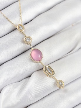 Erb Pirinç Zincir Pembe Gold Renk Zirkon Taşlı Y Kolye