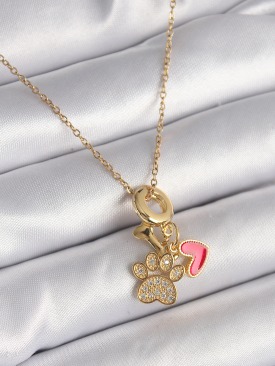Erb 316L Çelik Gold Renk Zincir Zirkon Taşlı Pati Figür Kalp Detay Kadın Kolye