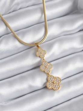 Erb 316L Çelik Gold Renk İtalyan Zincir Zirkon Taşlı Yonca Model Kadın Kolye