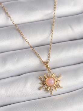 Erb 316L Çelik Gold Renk Zincir Pembe Mineli Zirkon Taşlı Güneş Model Kadın Kolye