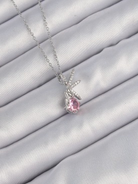 Erb 316L Çelik Zincir Gümüş Renk Pembe Zirkon Taşlı Peri Kolye
