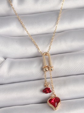 Erb Pirinç Gold Renk Tiffany Model Sallantı Kırmızı Taşlı Kalp Gül Figür Kadın Kolye
