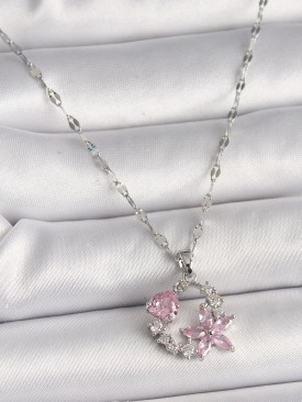 Erb 316L Çelik Gümüş Renk Zincir Pembe Zirkon Taşlı Çiçek Figür Kalp Detay Kadın Kolye