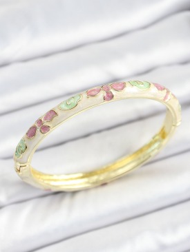Erb Mineli Pirinç Yeşil Pembe Çiçek Desenli Gold Renk Kadın Kelepçe