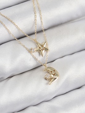 Erb Pirinç Zirkon Taşlı Yıldız Ve Ay Model Gold Renk Kadın Kolye