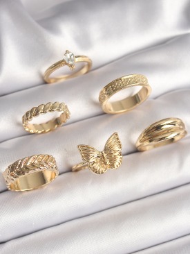 Erb Pirinç Gold Renk Zirkon Taşlı İşleme Detaylı Kelebek Figürlü 6\'Lı Kadın Yüzük Seti
