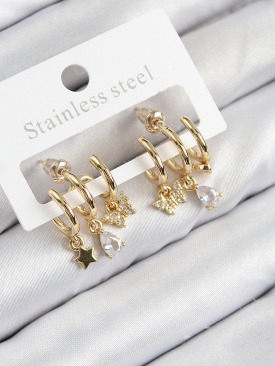 Erb Pirinç Zirkon Taşlı Yıldız Ve Kelebek Model Gold Renk Kadın Küpe