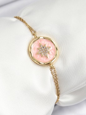 Erb 316L Çelik Zincir Pembe Mineli Sanatsal Portre Kuzey Yıldızı Model Gold Renk Kadın Bileklik