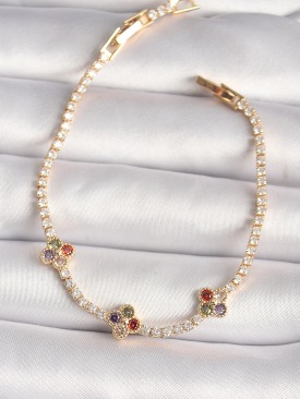 Erb Pirinç Gold Renk Su Yolu Zirkon Taşlı Renkli Zirkon Taşlı Yonca Model Kadın Bileklik