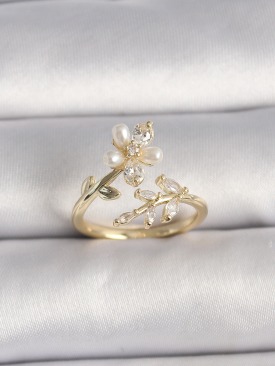 Erb Pirinç Gold Renk Zirkon Taşlı Çiçek Model İnci Detay Ayarlanabilir Yüzük