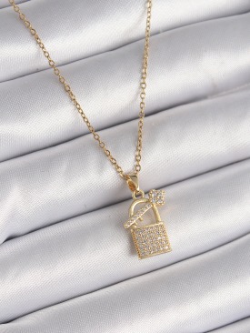 Erb 316L Çelik Gold Renk Zincir Zirkon Taşlı Asma Kilit Anahtar Model Kadın Kolye