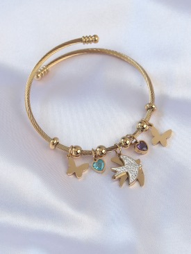 Erb 316L Çelik Gold Renk Zirkon Taşlı Minimal Kalp Detay Kelebek Charm Bileklik
