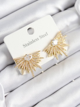 Erb 316L Çelik Zirkon Taşlı Yelpaze Model Gold Renk Kadın Küpe