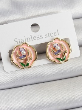 Erb Pirinç Pembe Mineli Çiçek Figürlü Sanatsal Portre Model Gold Renk Kadın Küpe
