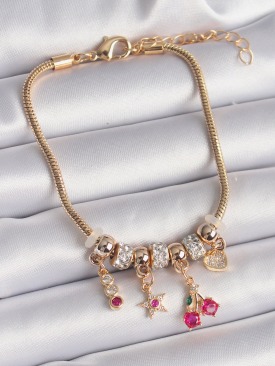 Erb 316L Çelik Gold Renk Zincir Zirkon Taşlı Kiraz Model Charm Bileklik