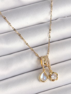Erb 316L Çelik Gold Renk Zincir Sallantı Zirkon Taşlı Çiçek Figür Mavi Sedefli Damla Detay Kadın Kolye