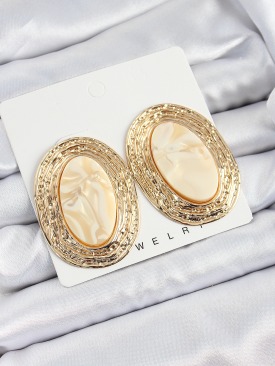 Erb Pirinç Mermer Desenlli Bej Sedef Oval Vintage Model Gold Renk Kadın Küpe