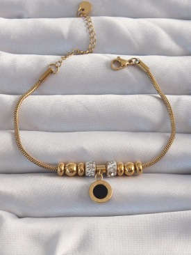 Erb 316L Çelik Gold Renk Zirkon Taş Aksesuarlı Siyah Mineli Cartier Bileklik