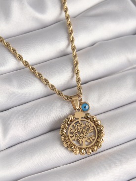 Erb 316L Çelik Gold Renk Burgu Zincir Dorika Yaşam Ağacı Figür Nazar Boncuk Detay Kadın Kolye