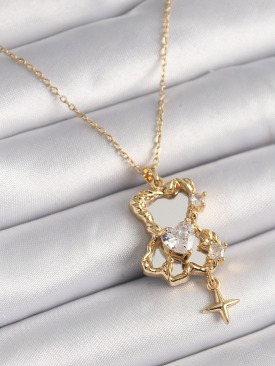 Erb 316L Çelik Gold Renk Zincir Ayna Ayıcık Model Zirkon Taşlı Kalp Model Kadın Kolye