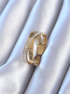 Erb 316L Çelik Gold Renk Zirkon Taşlı Romen Rakam İşleme Kadın Yüzük