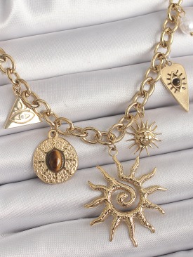 Erb 316L Çelik Gold Renk Halka Zincir Model Sallantı Güneş Figür Göz Detay Kadın Kolye