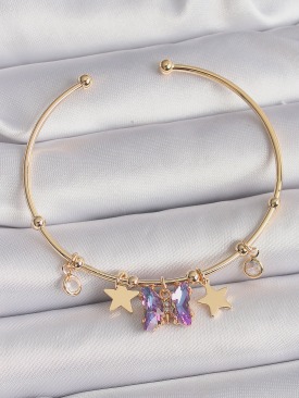 Erb Pirinç Gold Renk Sallantı Mor Zirkon Taşlı Kelebek Figür Yıldız Detay Charm Bileklik