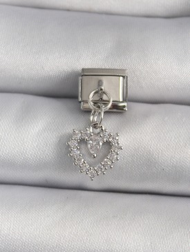 Erb 316L Çelik Gümüş Renk Sallantı Zirkon Taşlı Kalp Model Nomination Charm
