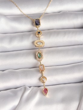 Erb Pirinç Gold Renk Zirkon Taşlı Baget Dekolte Model Kadın Kolye