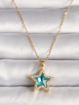 Erb 316L Çelik Gold Renk Zirkon Taşlı Mavi Yıldız Model Kadın Kolye