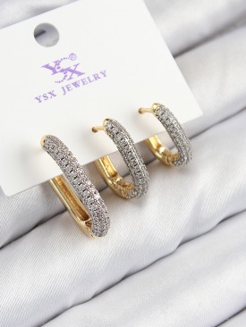 Erb Pirinç Zirkon Taşlı 3\'lü Oval Dikdörtgen Model Gold Ve Gümüş Renk Kadın Küpe