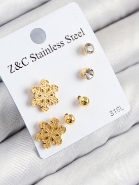 Erb 316L Çelik Zirkon Taşlı Kar Tanesi Model Gold Renk Kadın Set Küpe