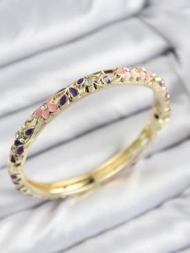 Erb Mineli Pirinç Zirkon Taşlı Pembe Mor Çiçek Motifli Gold Kadın Kelepçe