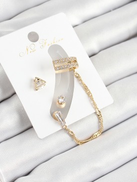 Erb Pirinç Üçgen Figürlü Zirkon Taşlı Gold Renk 3\'lü Kıkırdak Kadın Küpe Set