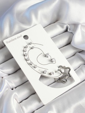 Erb 316L Çelik Yıldız Figürlü Ve Zirkon Taşlı Gümüş Renk 7\'li Çift Kadın Küpe Set
