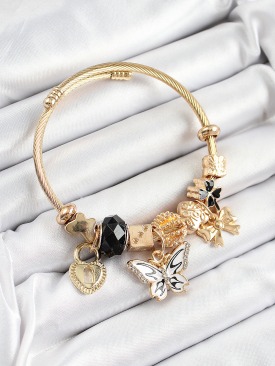 Erb 316L Çelik Siyah Zirkon Taşlı Kelebek Fiyonk Ve Kilit Model Gold Renk Charm Bileklik