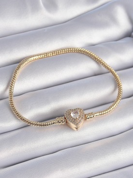 Erb 316L Çelik Zincir Gold Renk Zirkon Taşlı Kalp Charm Model Kadın Bileklik