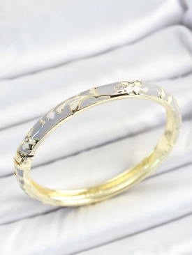 Erb Mineli Pirinç Zirkon Taşlı Gri Çiçek Desenli Gold Renk Kadın Kelepçe