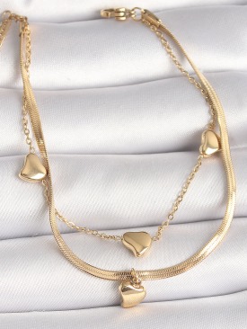 Erb 316L Çelik Gold Renk 2\'Li İtalyan Zincir Sallantı Kalp Figür Kadın Bileklik