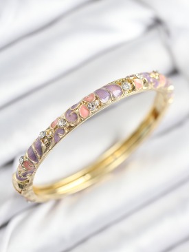 Erb Mineli Pirinç Zirkon Taşlı Pembe Mor Çiçek Motifli Gold Kadın Kelepçe
