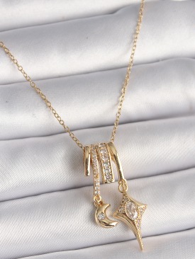 Erb 316L Çelik Gold Renk Zincir Sallantı Zirkon Taşlı Hilal Yılıdız Model Kadın Charm Kolye
