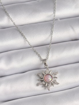 Erb 316L Çelik Gümüş Renk Zincir Pembe Mineli Zirkon Taşlı Güneş Model Kadın Kolye